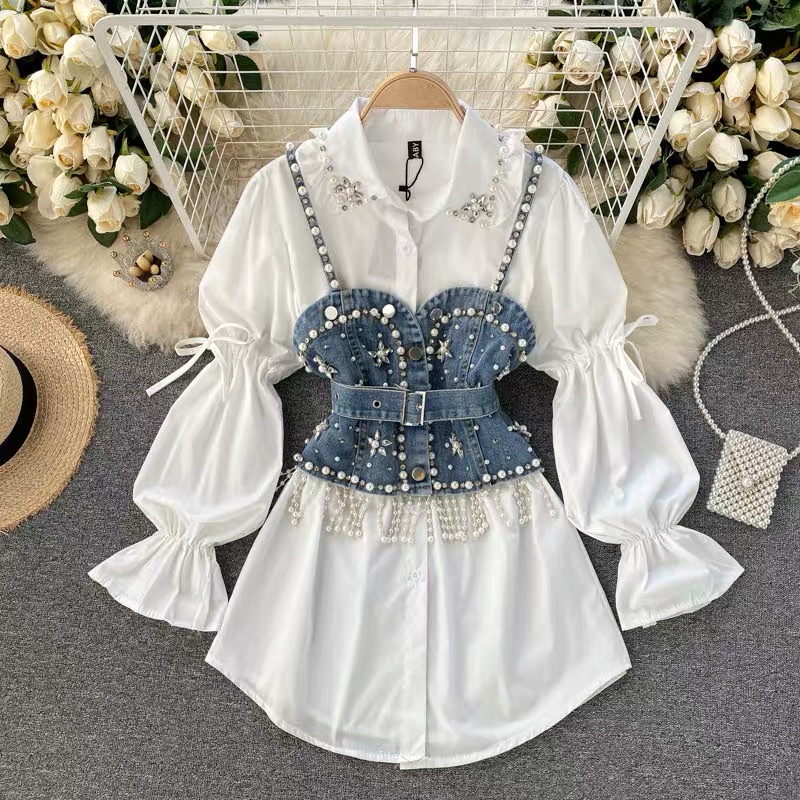 Modern romance shirt dress & beaded denim waist coat SDZZ270 image