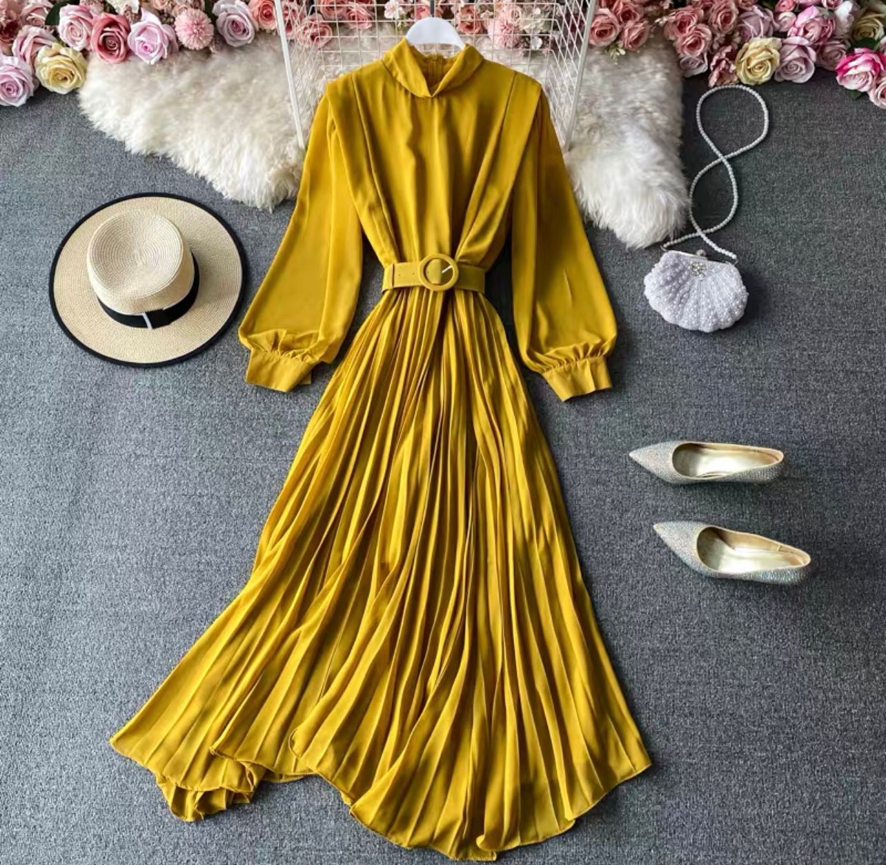 She works hard for the money pleat dress & belt FD4 image