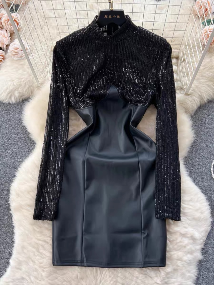 Boujee babe sequin meets leather dress FBC113 image